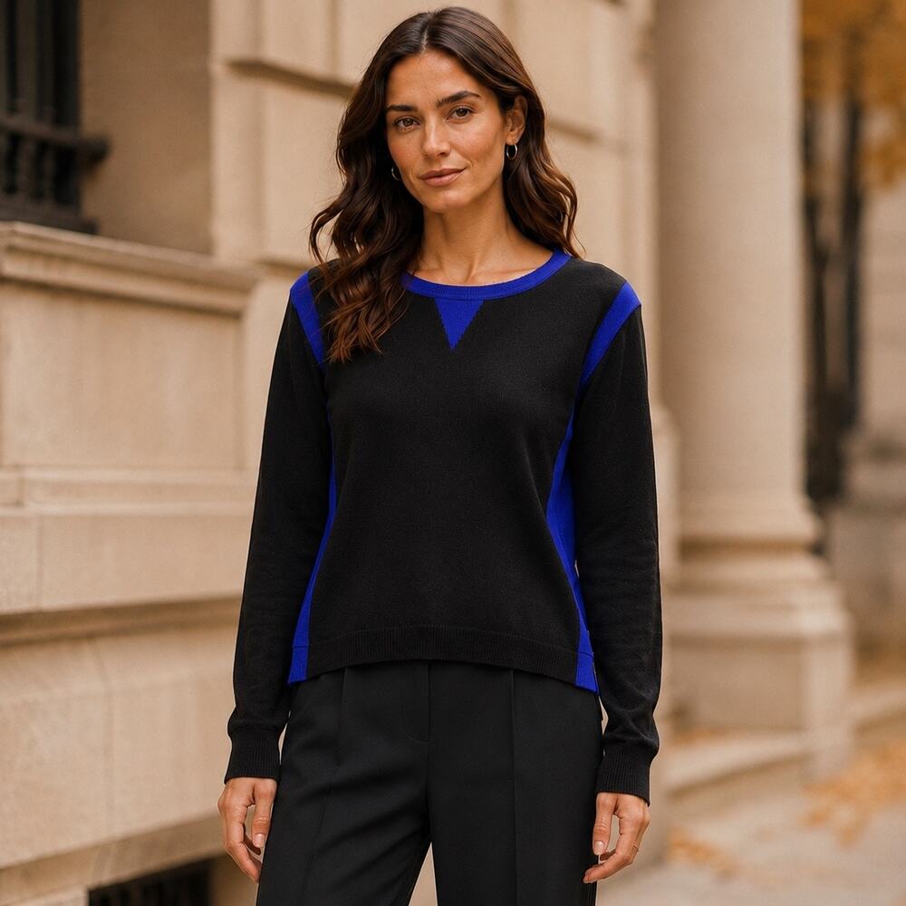 Quiet Luxury Autumn Cashmere Rich Royal Purple Black Colorblock Hi-Low Sweater